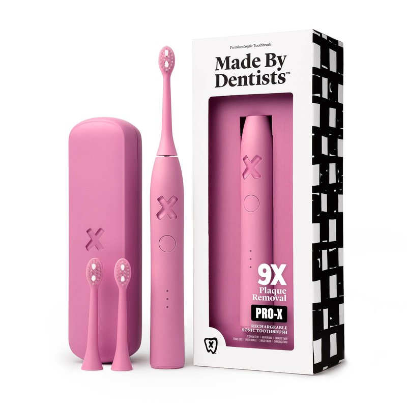 Made by Dentists PRO‑X Sonic Electric Toothbrush for Adults – Dentist‑Designed Whitening Rechargeable Toothbrush, 9 x More Plaque Removal, 70 Day Battery, 3 Modes, Travel Case & Extra Heads, Pink