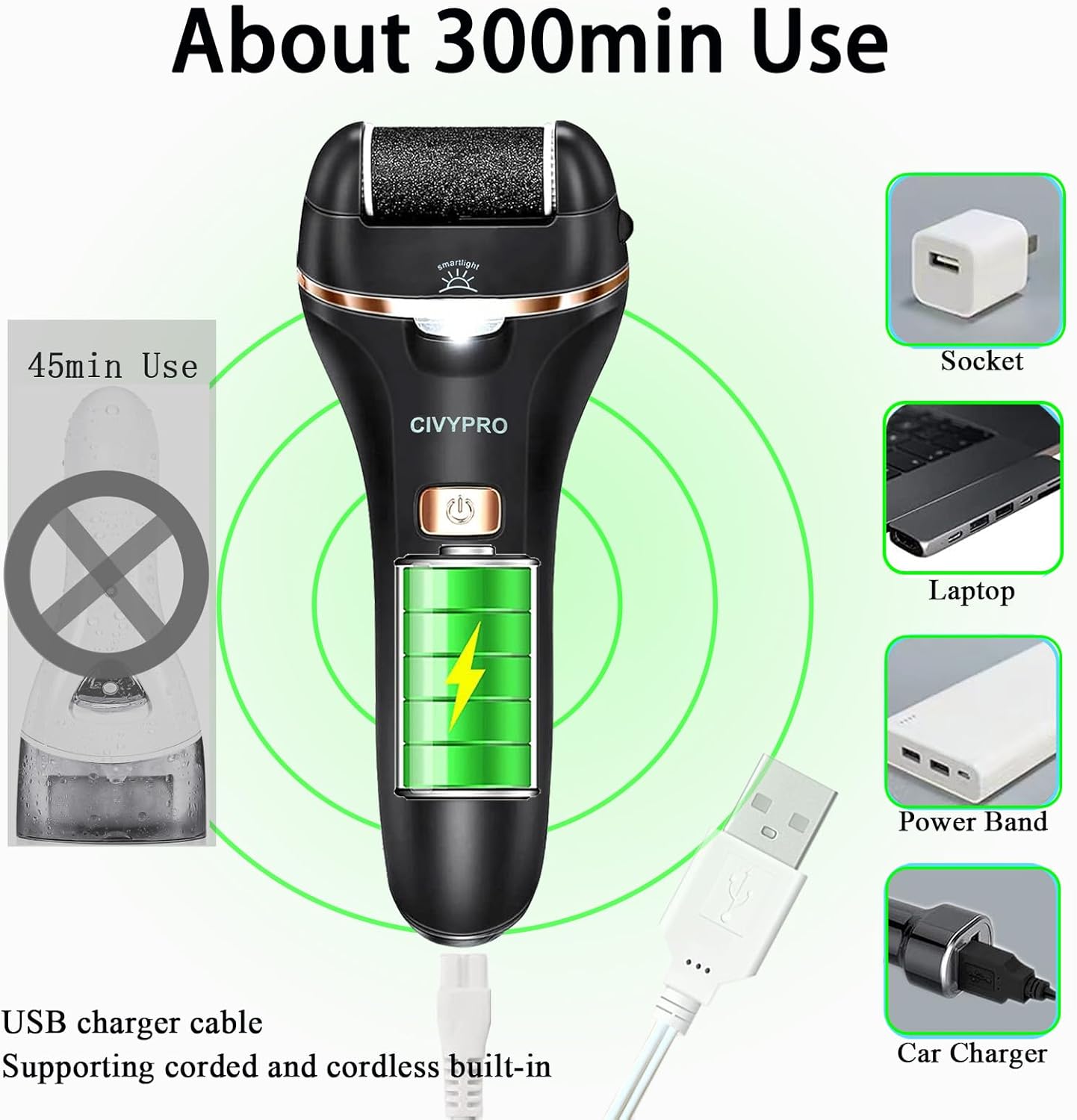 Electric Foot Callus Remover - Rechargeable Waterproof Pedicure Tool | Professional Foot Care Kit (Black)