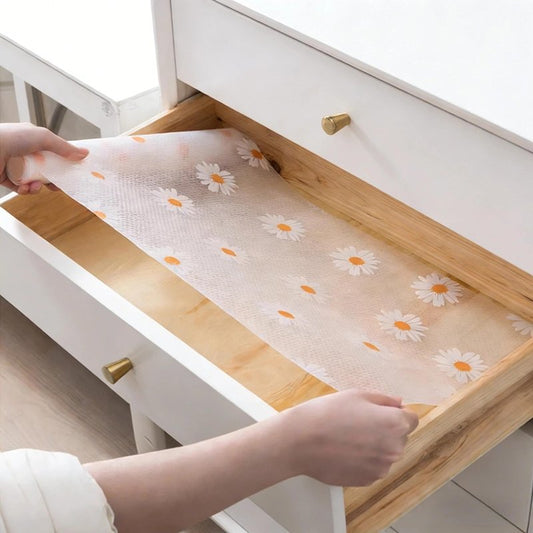 Non-Adhesive Shelf Liner for Kitchen Cabinets Waterproof Drawer Liner Thick EVA Contact Paper Easy to Cut Daisy Pattern 12" x 3.3 FT