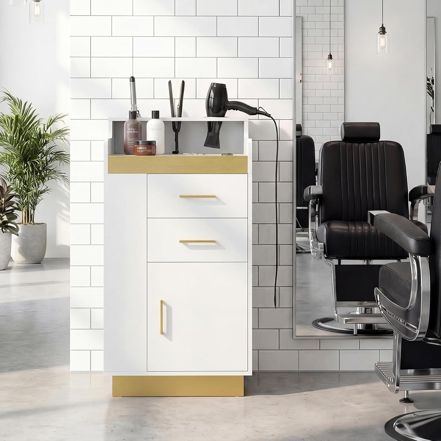 Salon Station for Hair Stylists | Barber Storage System with 3 Hot Tool Holders & Large Cabinet - White