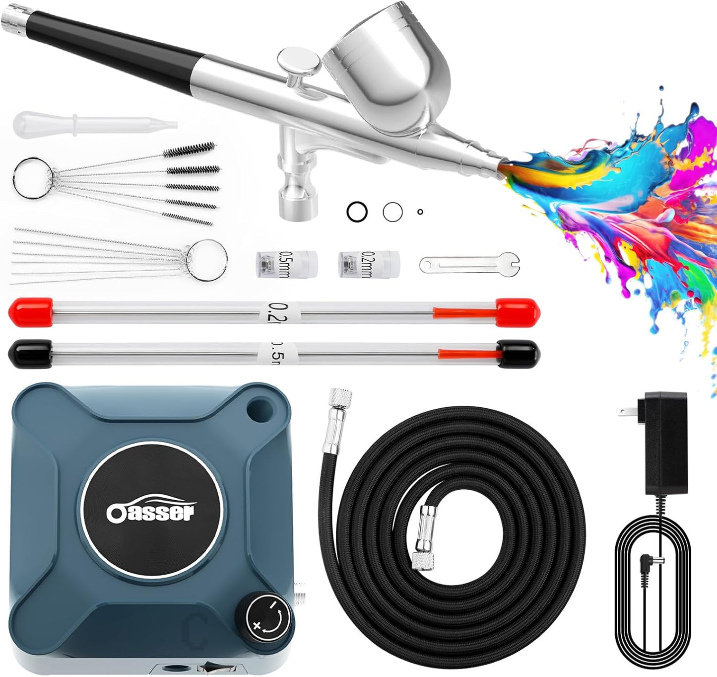 Airbrush Kit - Dual Action Compressor Set with 0.2/0.3/0.5mm Nozzles | 12V DC Plug-In for Nails, Makeup, and Painting