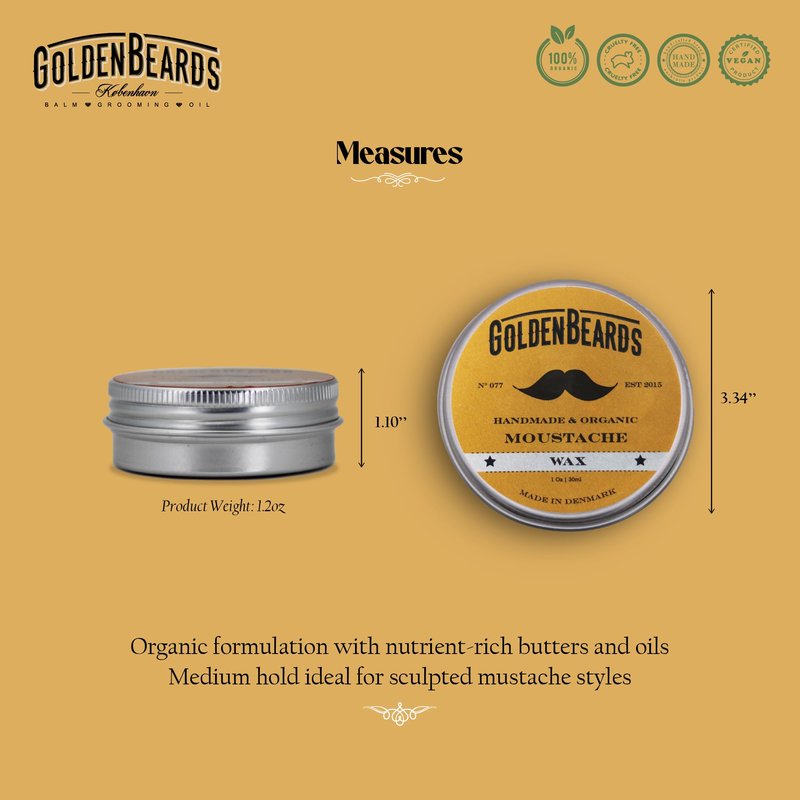 Golden Beards Mustache Wax – Organic & Natural Medium Hold Styling Wax for Men, Nourishing Beeswax & Oils, Handmade in Denmark 30ml (1oz)