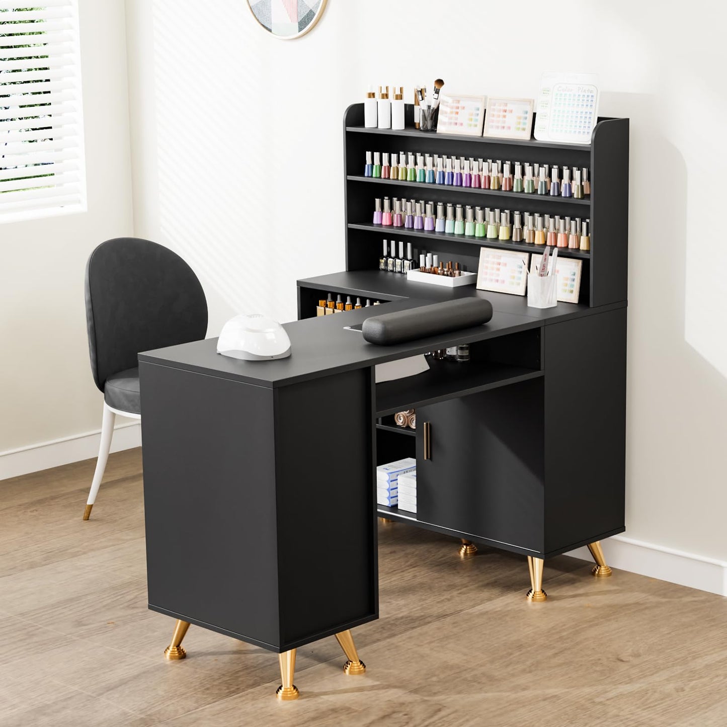 OmySalon L Shaped Manicure Table with Dust Collector, 52" L Corner Nail Desk for Nail Techs, w/Polish Display Rack Arm Rest, Acetone Resistant Top, Drawer and Cabinet Storage, for Nail Salon (Black)