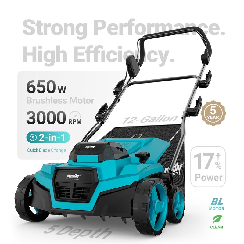 36V 15" Brushless Cordless Electric Dethatcher and Scarifier Compatible with Makita 18V Battery(Tool Only), w/12Gal Thatch Collection Bag, 5-Depth Adjustment, Quick-Fold, Walk Behind for Lawn Care