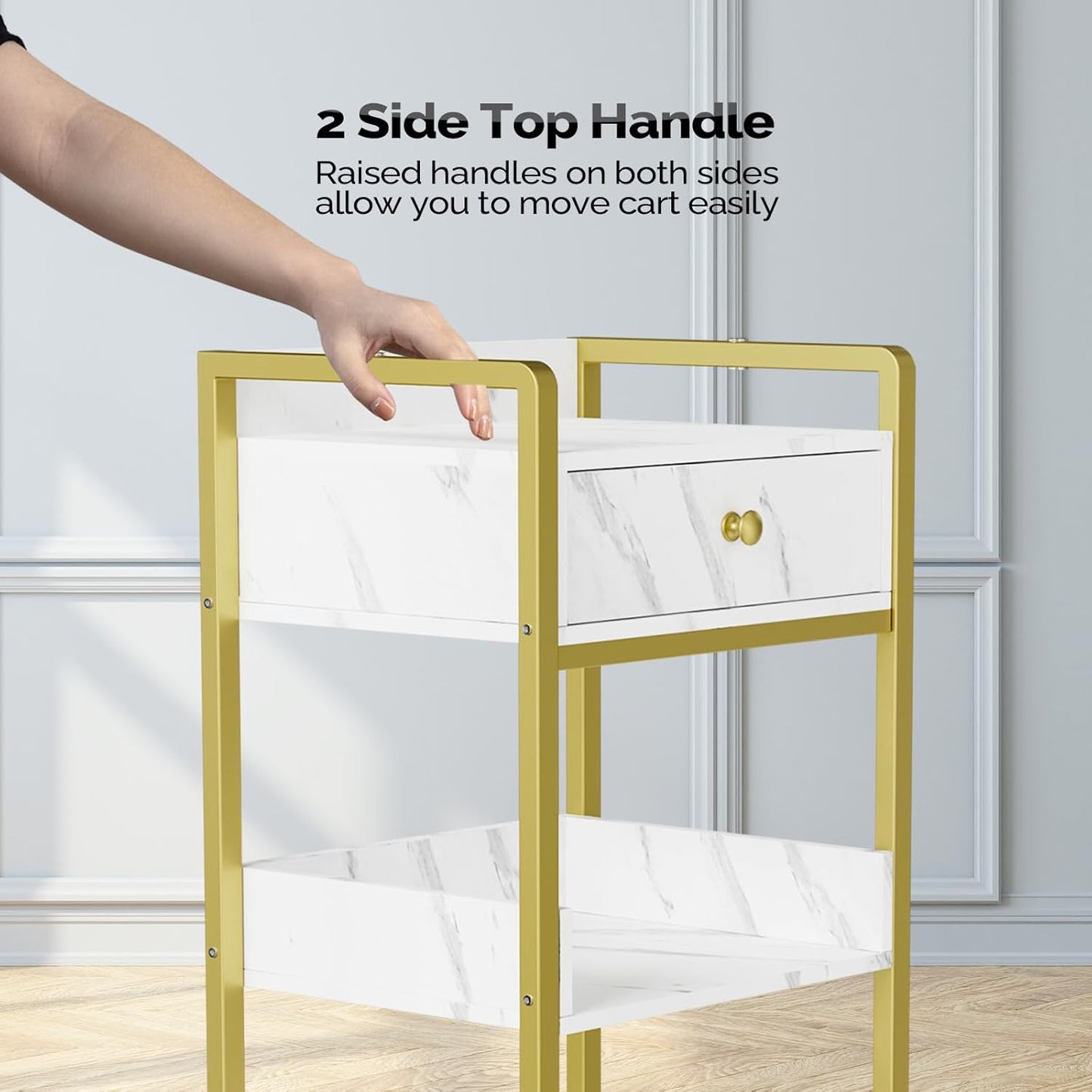 Salon Trolley Cart with Wheels - Mobile Storage Organizer for Beauty Spa | White Marble, 1 Drawer & 2 Trays