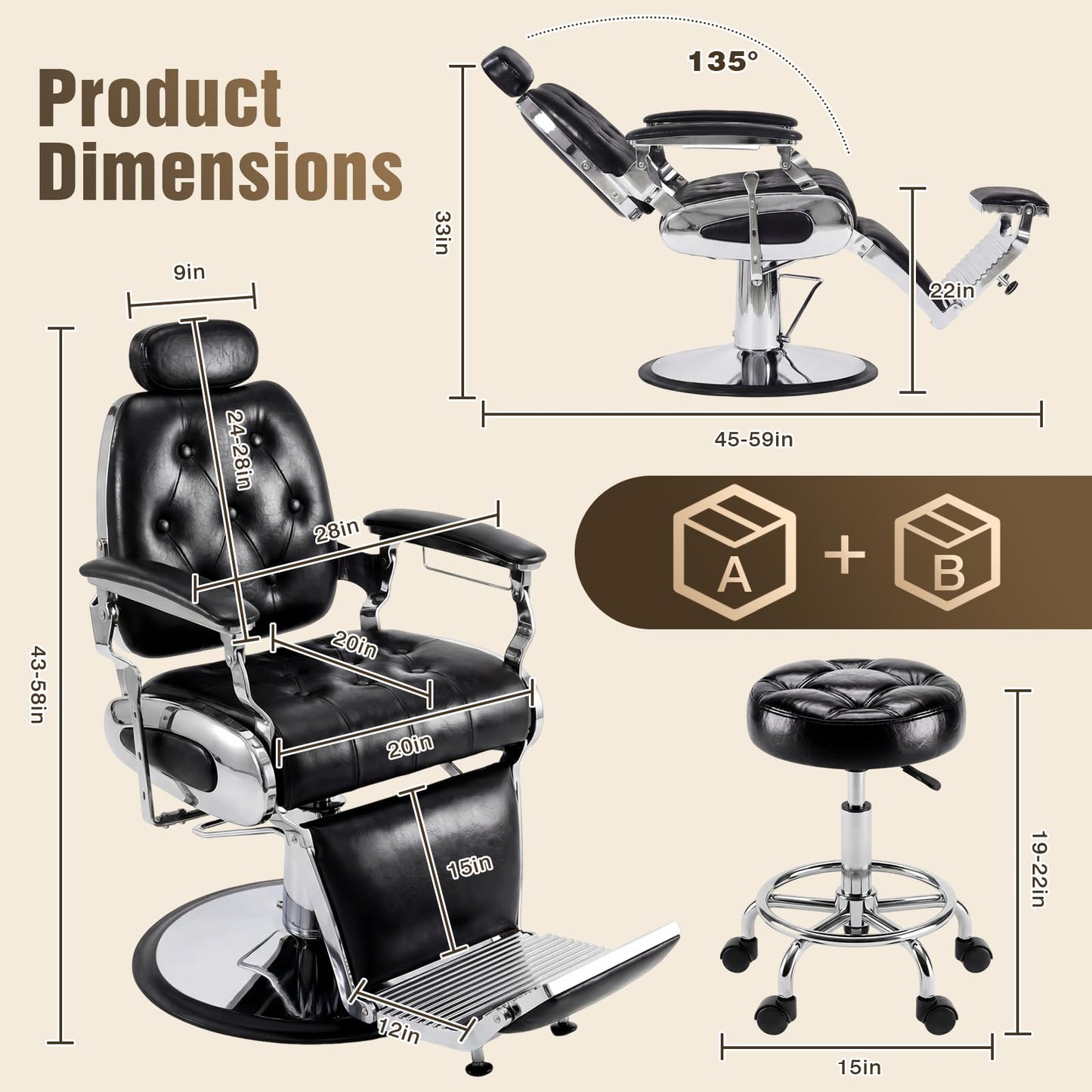 Oakvera Barber Chair with Stool, Heavy Duty Vintage Recline Hydraulic Barber Chair, 360° Swivel All Purpose Professional Salon Chair Barber Shop Beauty Salon Shampoo Equipment, Black and Silver
