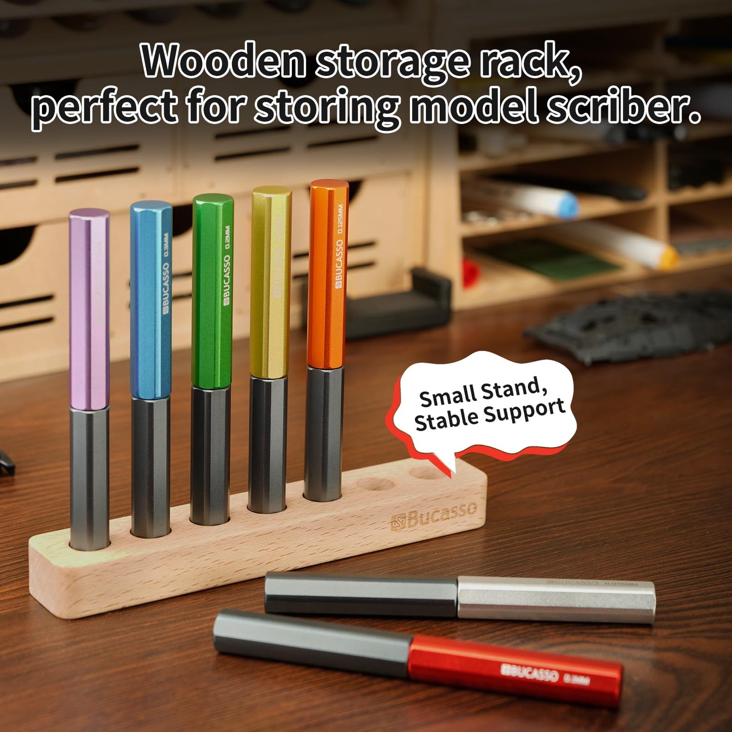 Bucasso Model Scriber, 7-Piece Tungsten Steel Blade Scribing Tool Set 0.075/0.1/0.125/0.15/0.2/0.3/0.5mm, with Wooden Stand for Modeling Hobby, RG Scale Model, Gundam Model Kit, Plastic Models