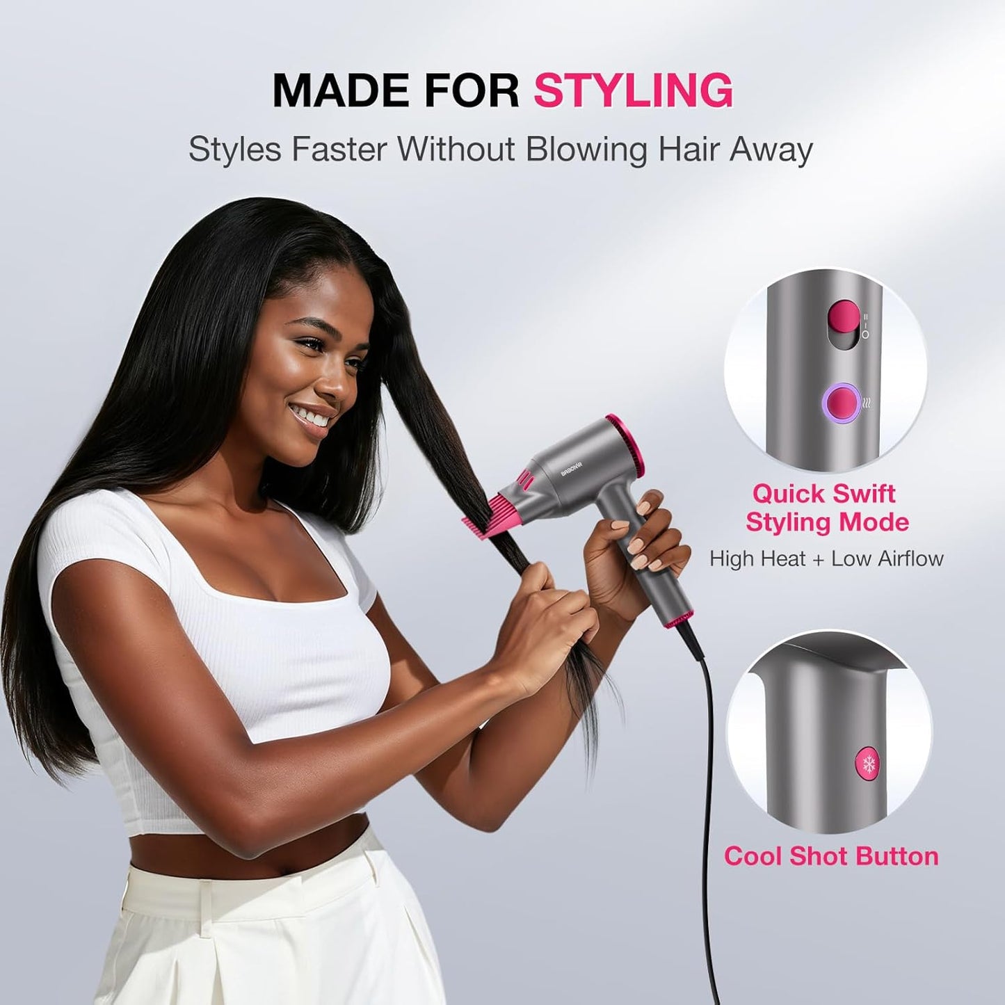 High-Speed Hair Dryer - 110,000 RPM Brushless Motor, 1875W Ionic Blow Dryer with Comb & Diffuser | Low Noise, Travel-Friendly (Gray)