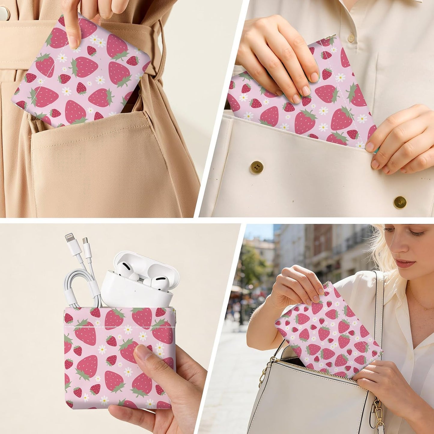 Makeup Bag Set - 2 PCS PU Leather Cosmetic Organizer for Women | Portable Self-Closing Pouch in Strawberry