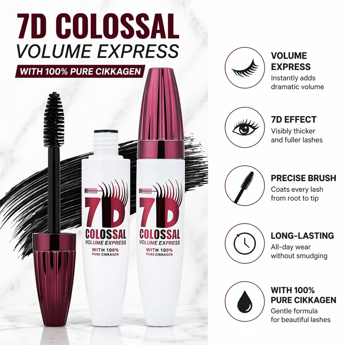 2 Packs 7D Waterproof Mascara, Black Lengthening Thickening Softer Fuller Lashes Mascara, Smudge-Proof, Gentle Formula, Daily Use