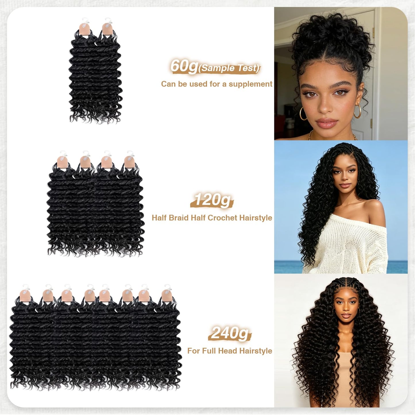 Human Crochet Hair for Black Women 18inch 120g Pre Separated 100 Strands Deep Wave Feather Crochet Human Hair Lightweight & No Itch, Invisible Knots, Easy Install Boho Crochet Hair Bundles