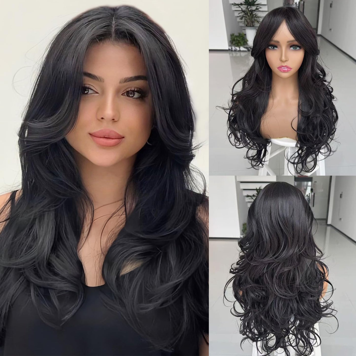 Long Black Wavy Wig for Women - Layered Synthetic Hair with Curtain Bangs | 24-Inch Natural Look