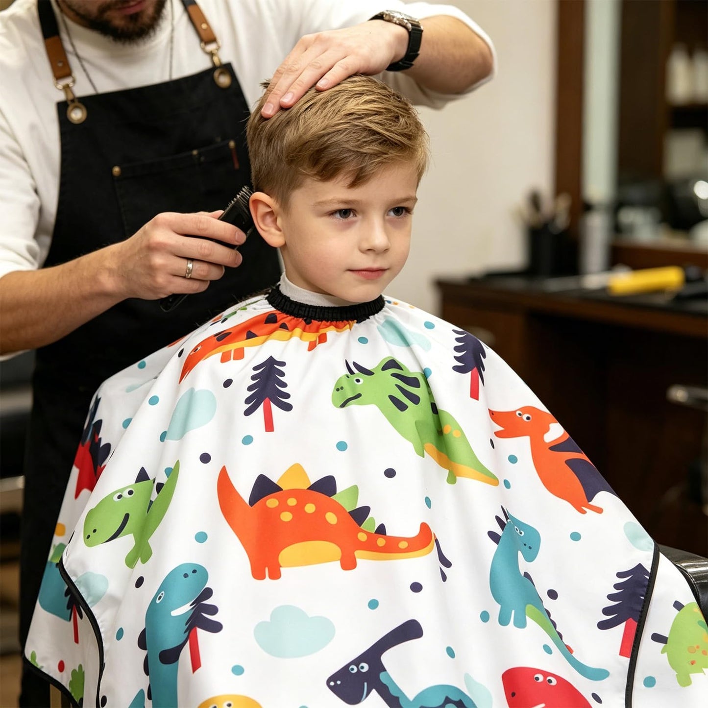 Dinosaur Print Hair Cutting Gown with Neck Elastic, Waterproof Salon Cape for Haircut Styling Home Use