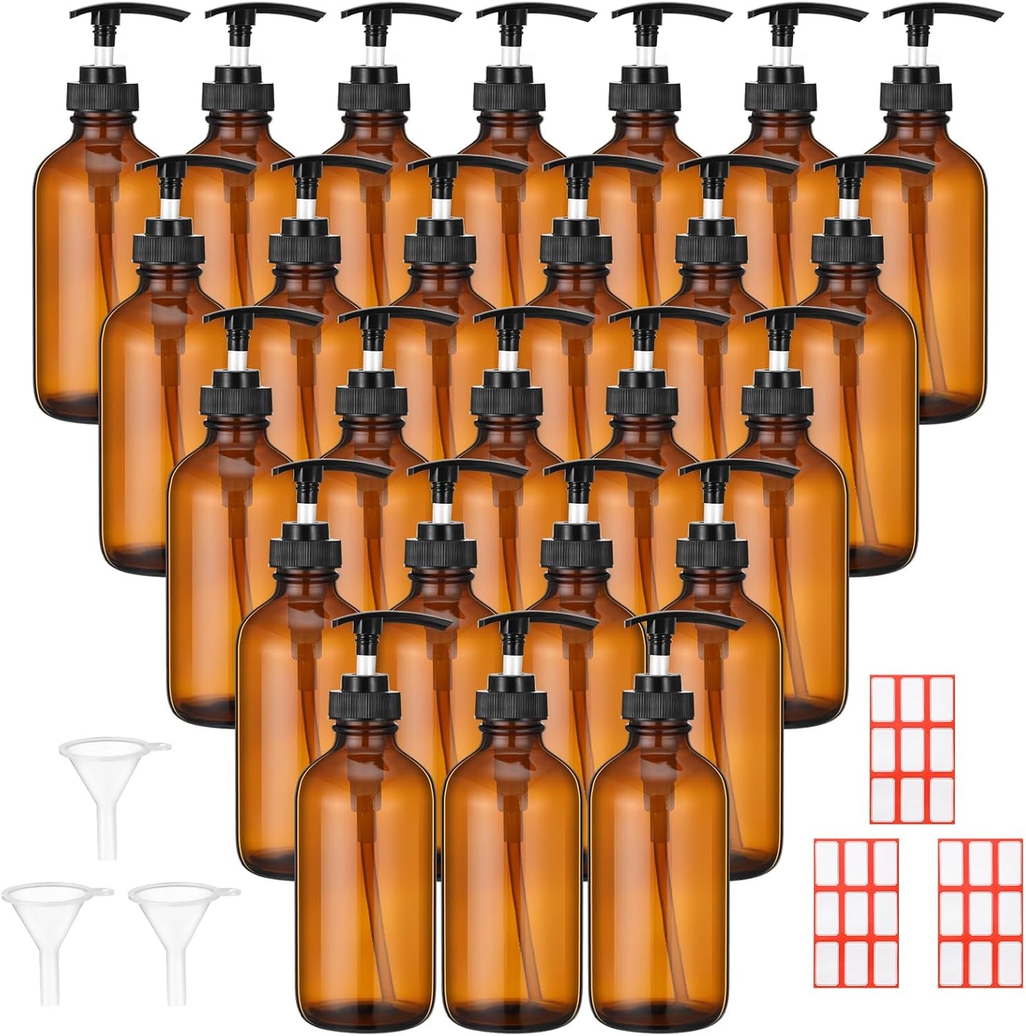 Glass Pump Bottle Set - 24 Pcs 8 oz Refillable Soap Dispenser with Labels & Funnels | Amber