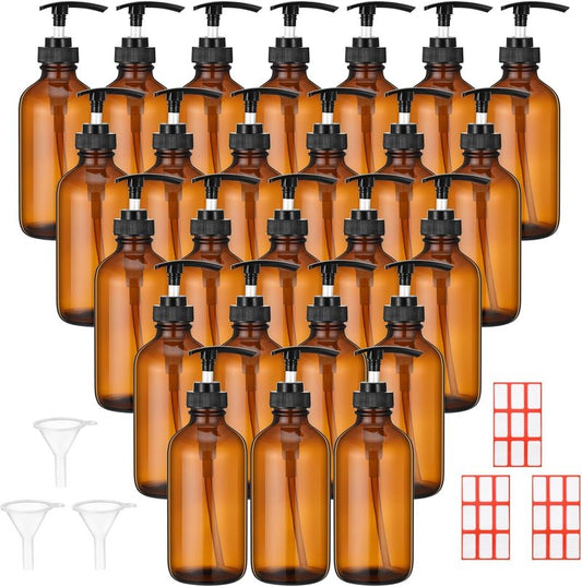 Glass Pump Bottle Set - 24 Pcs 8 oz Refillable Soap Dispenser with Labels & Funnels | Amber