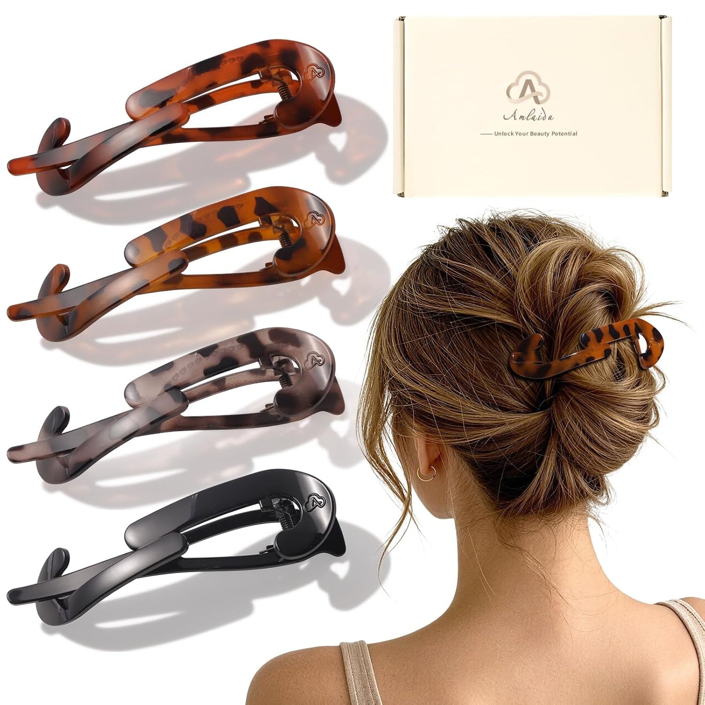 Large Twist Flat Hair Clips - Stylish Tortoise Claw Clips for Medium Thick Hair | 4-Pack for Long, Curly Styles