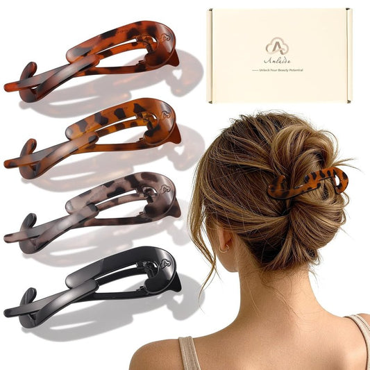 Large Twist Flat Hair Clips - Stylish Tortoise Claw Clips for Medium Thick Hair | 4-Pack for Long, Curly Styles
