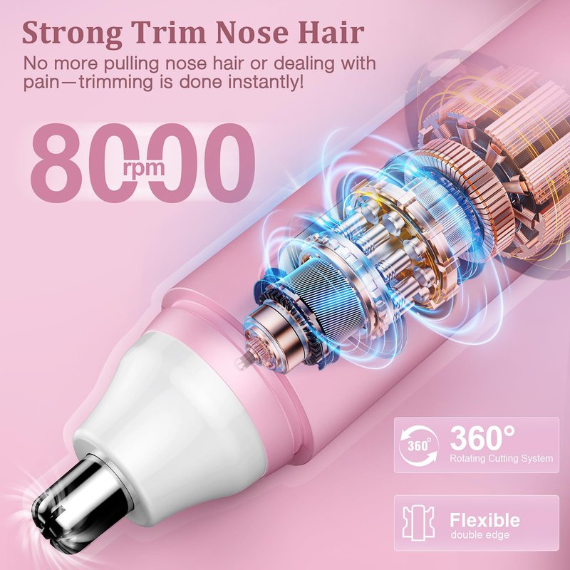 Nose Hair Trimmer for Women Rechargeable :2024 Upgrade 2 in 1 Nose Trimmer for Women, Painless Eyebrow & Facial Hair Trimmer- Dual-Edge Blades, IPX7 Waterproof, Portable for Easy Cleansing, Pink