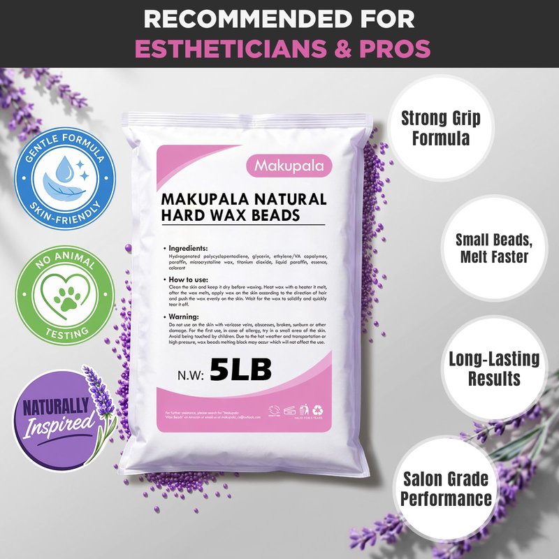 Makupala 5LB Lavender Hard Wax Beads, Stripless Bulk Wax for Full Body, Brazilian, Bikini & Underarms, Strong Grip Flexible Gel Formula for Coarse Hair, Low Temp for Estheticians & Frequent Home Users