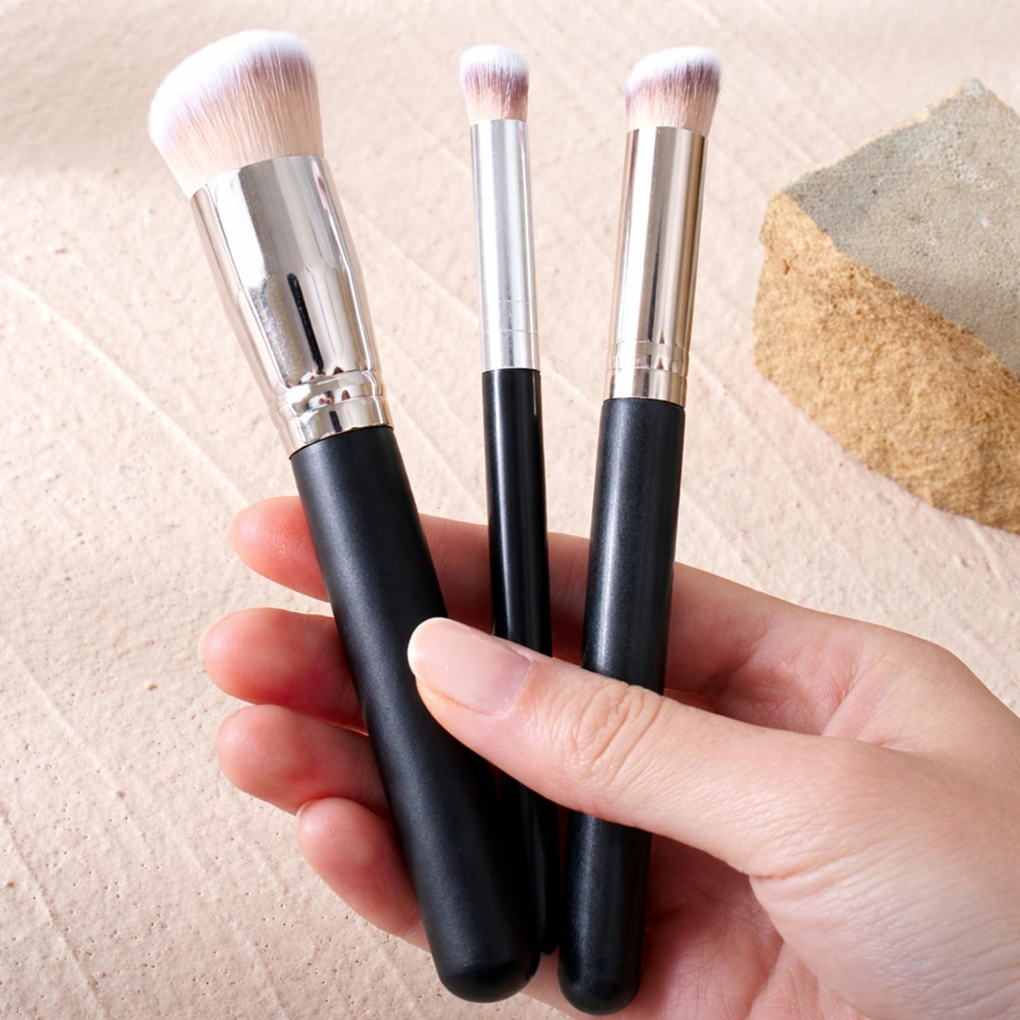 Makeup Brushes Set - 3 Pcs Foundation, Concealer & Eyeshadow Brushes | Angled Tools for Liquid, Cream & Powder Application