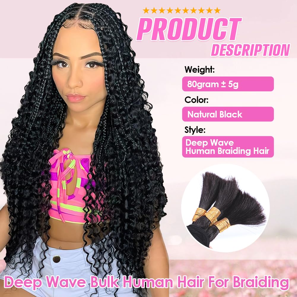 Deep Wave Bulk Human Hair for Braiding 1 Bundle 80g Brazilian Virgin Curly Human Hair Extensions for Boho Braids Wet and Wavy Braiding Hair No Weft (Natural Black Color, 18 Inch-80g)