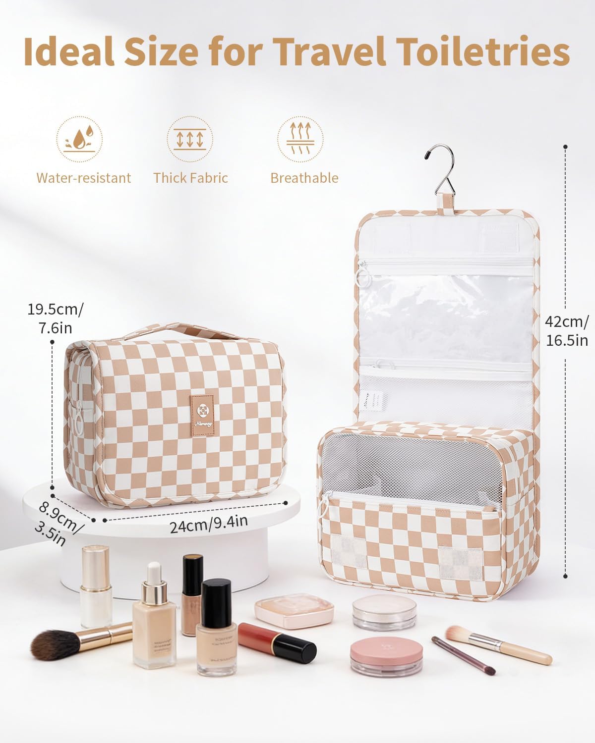 Travel Toiletry Bag - Small Hanging Makeup Organizer for Women | Light Brown Checkerboard Design