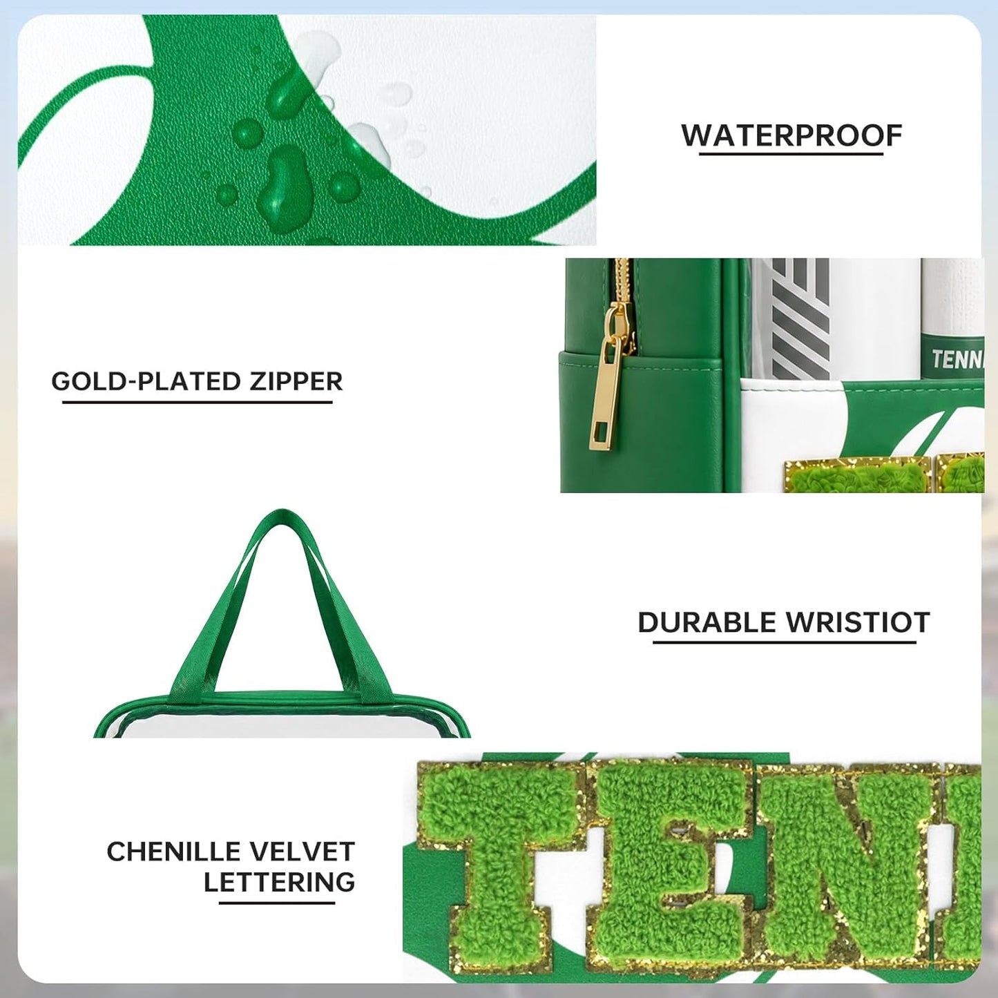 Tennis Makeup Bag - Clear Chenille Cosmetic Pouch with Zipper | Portable Travel Toiletry Bag for Women