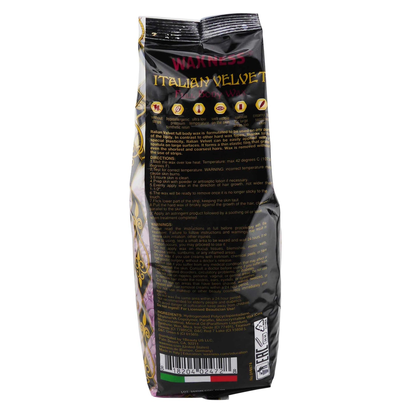 Waxness Italian Velvet Hard Wax Beads 4.4 lb (2 kg) – Premium Synthetic Rosin-Free Stripless Wax with Multidirectional Formula for Full Body and Large Areas, Professional Use – Made in Italy