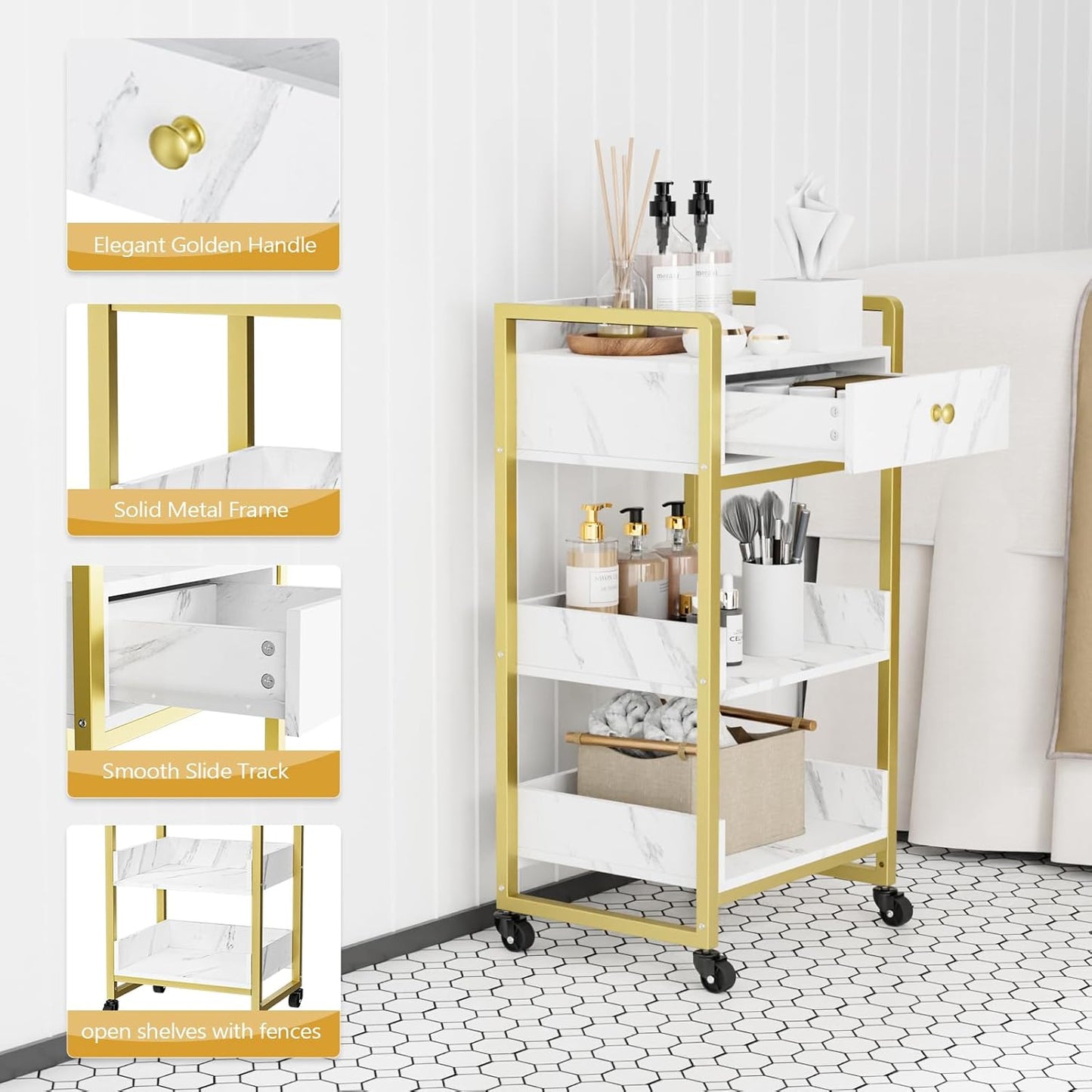 Salon Trolley Cart with Wheels - Mobile Storage Organizer for Beauty Spa | White Marble, 1 Drawer & 2 Trays