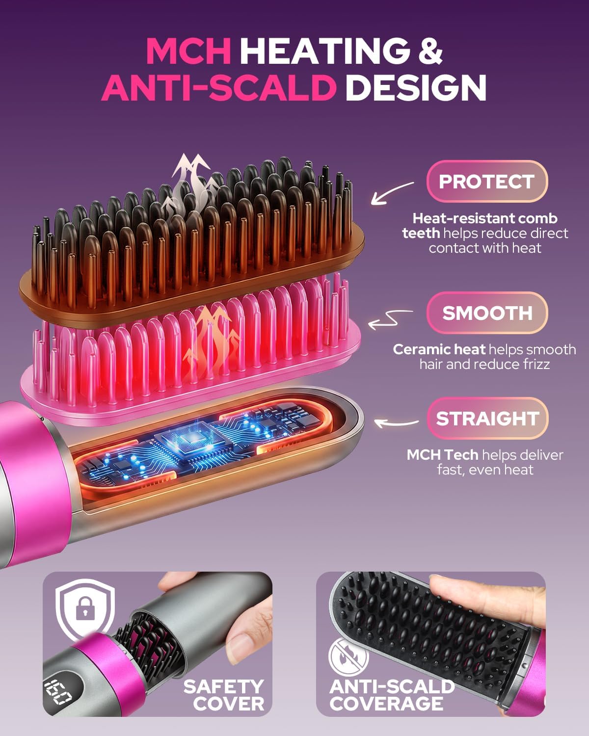 Cordless Hair Straightener Brush - Portable MCH Ceramic Hot Comb for On-the-Go Touch-Ups | 3 Temp Settings, Grey