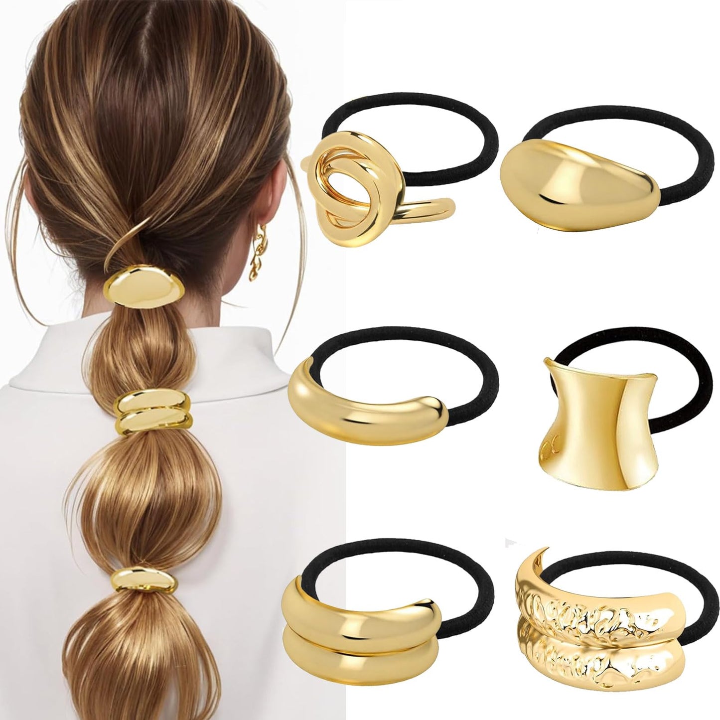 6PCS Elastic Gold Hair Ties for Women Metal Hair Ties Ponytail Cuffs Holders for Thick Hair Elegant Geometric Design Hair Accessories