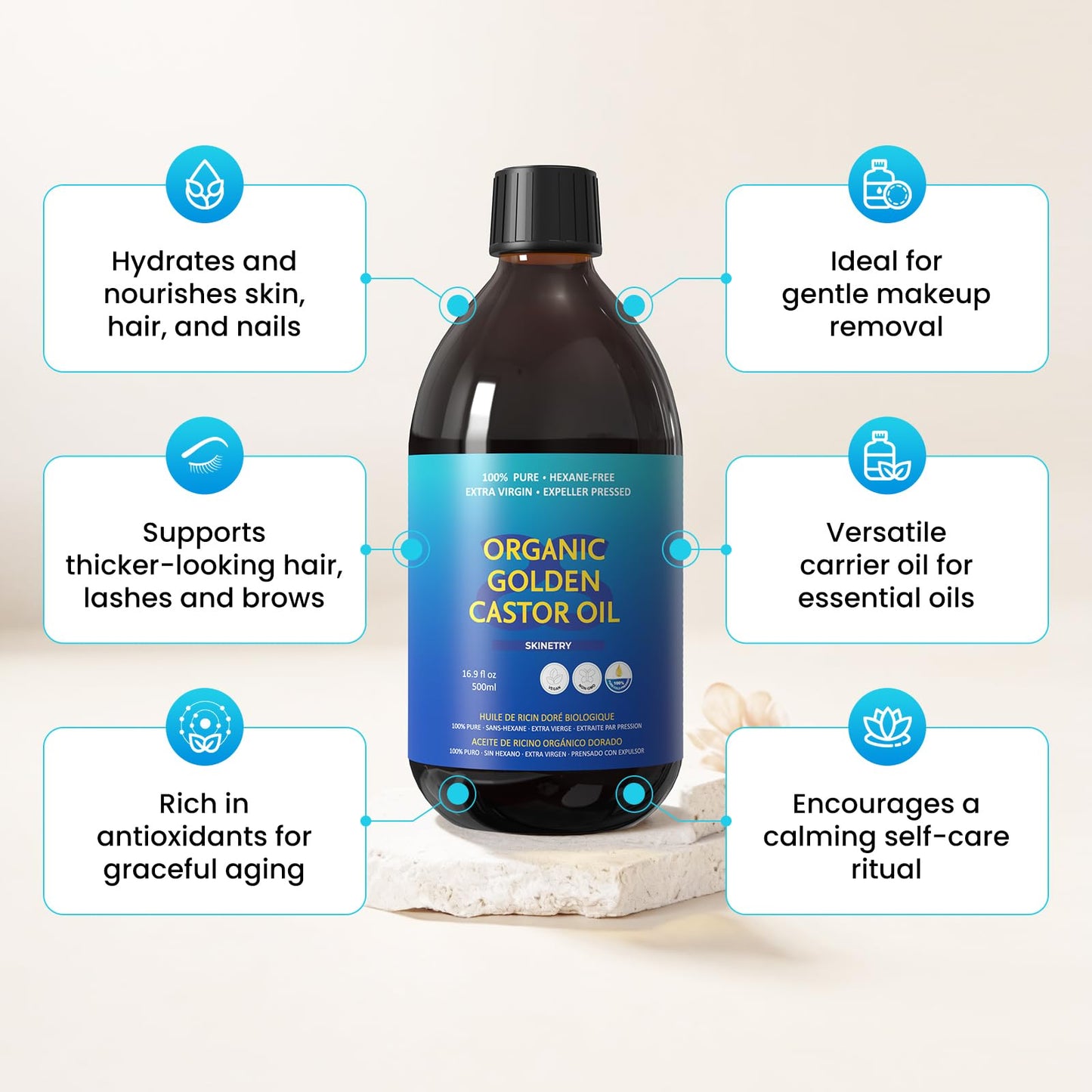 Skinetry Organic Golden Castor Oil - [16.9oz (500ml)]-100% Pure for Hair, Skin, Nails, Brows & Lashes Deep Hydration & Smoothing Promotes Hair & Brow Growth Makeup Clean- Hexane-Free - USDA Certified