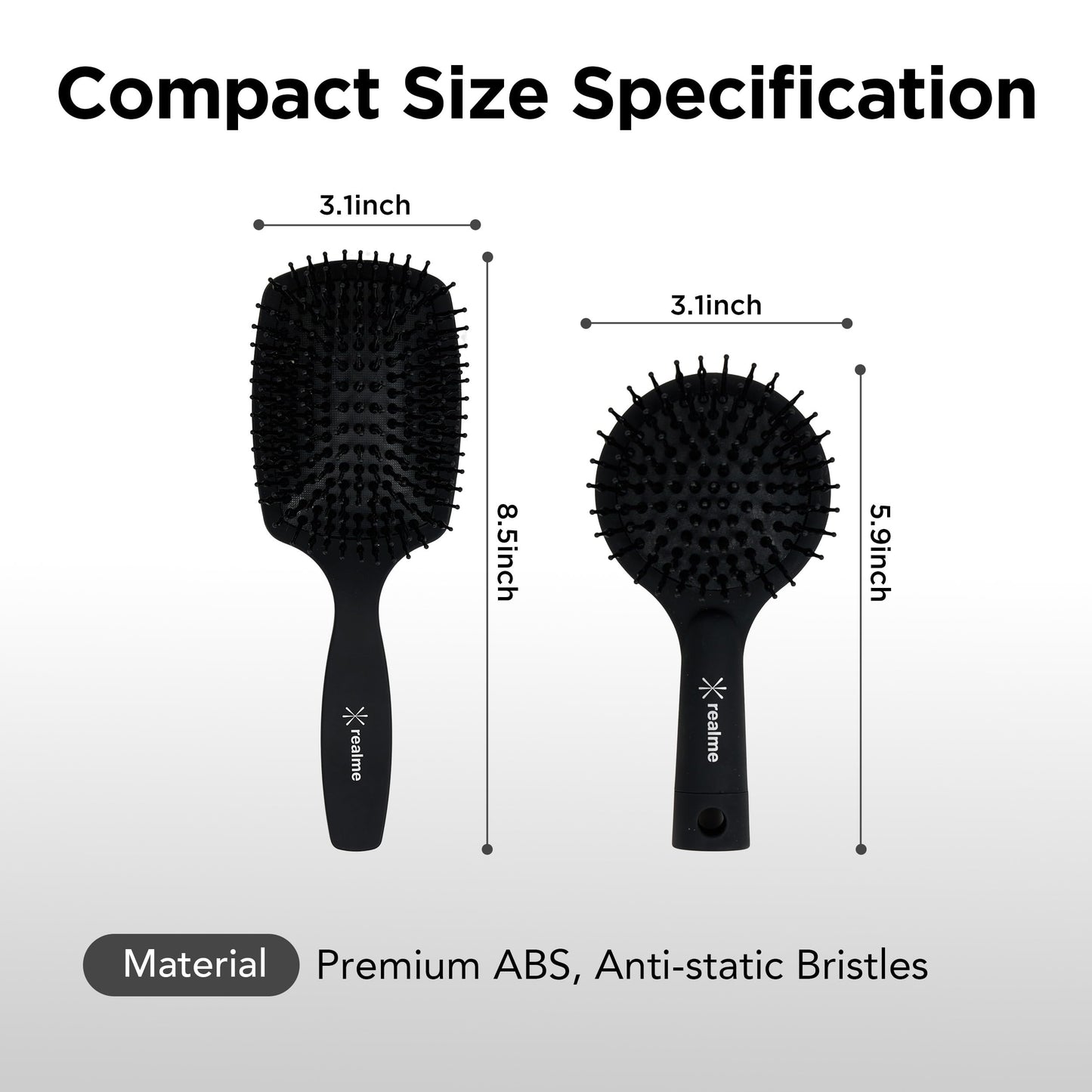 REALME Anti-Static Round Hair Brush with Pocket Mirror, Compact Travel Detangling Brush for Frizz Control, Flexible Bristles for Fine to Thick Hair, Made in Korea