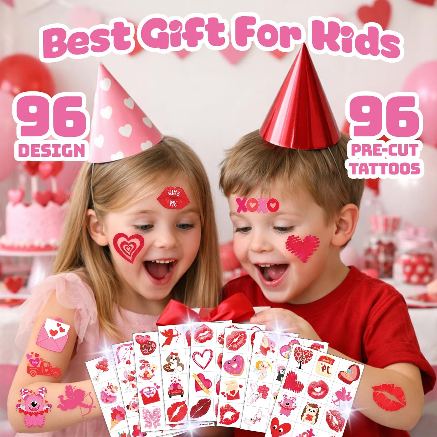 96PCS Valentine’s Day Love Heart Pre-Cut Temporary Tattoos for Kids