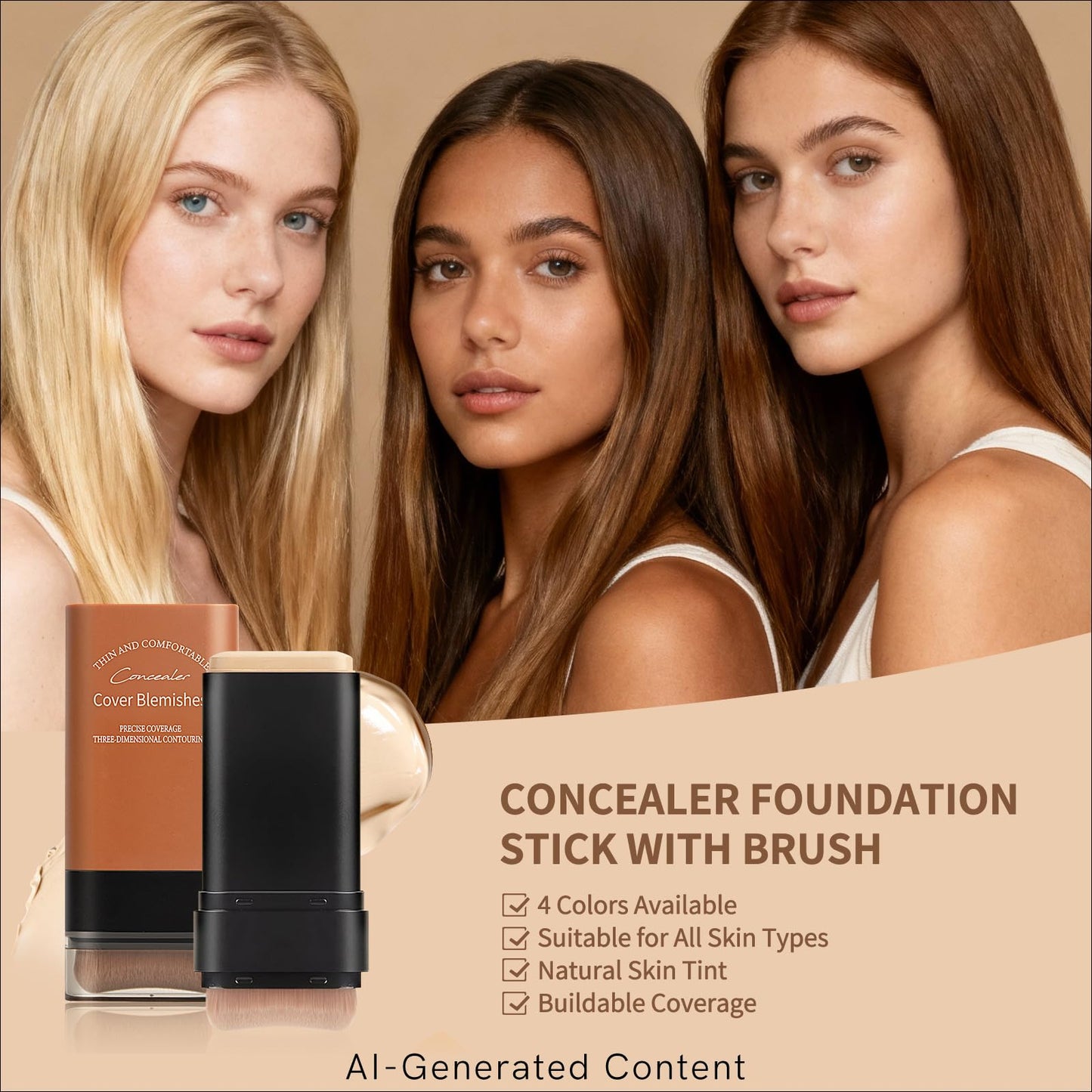 Full Coverage Foundation Stick with Contour Brush, Waterproof & Long-Lasting Foundation Makeup, Buildable Concealer Stick for All Skin Types, Lightweight Daily Natural Matte Finish for Beginners