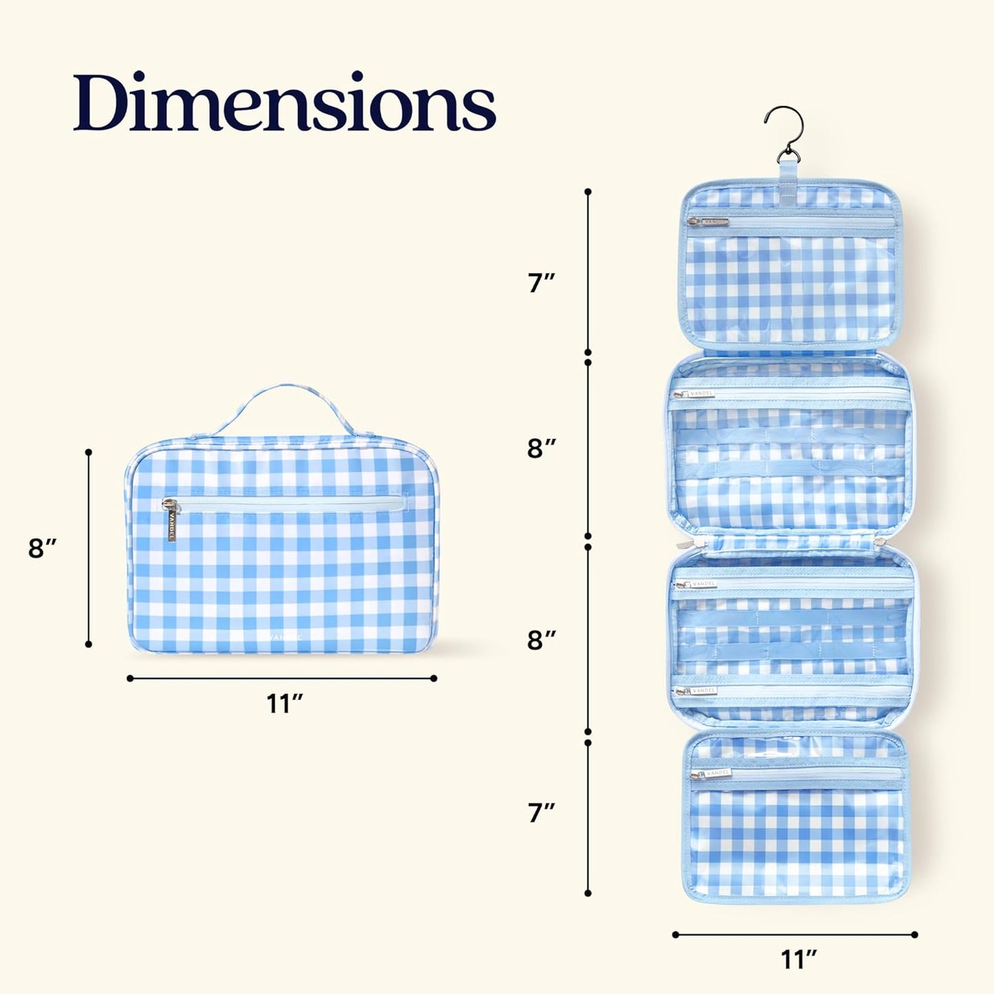 Waterproof Hanging Toiletry Bag - TSA-Approved Makeup Organizer | Blue Gingham Travel Cosmetic Case
