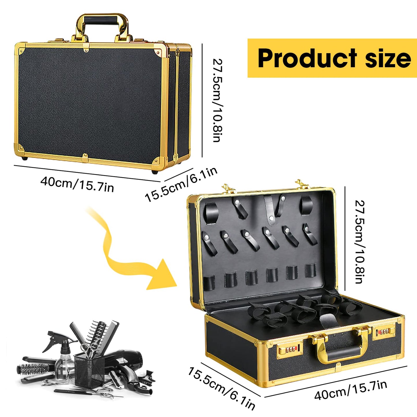 GGAIFbp Barber Accessories Case,Barber Briefcase Tool Case,Barber Carrying Cases for Clippers and Supplies,Double Layer Large Barbers Box Travel Organizer, Barber Suitcase Gold
