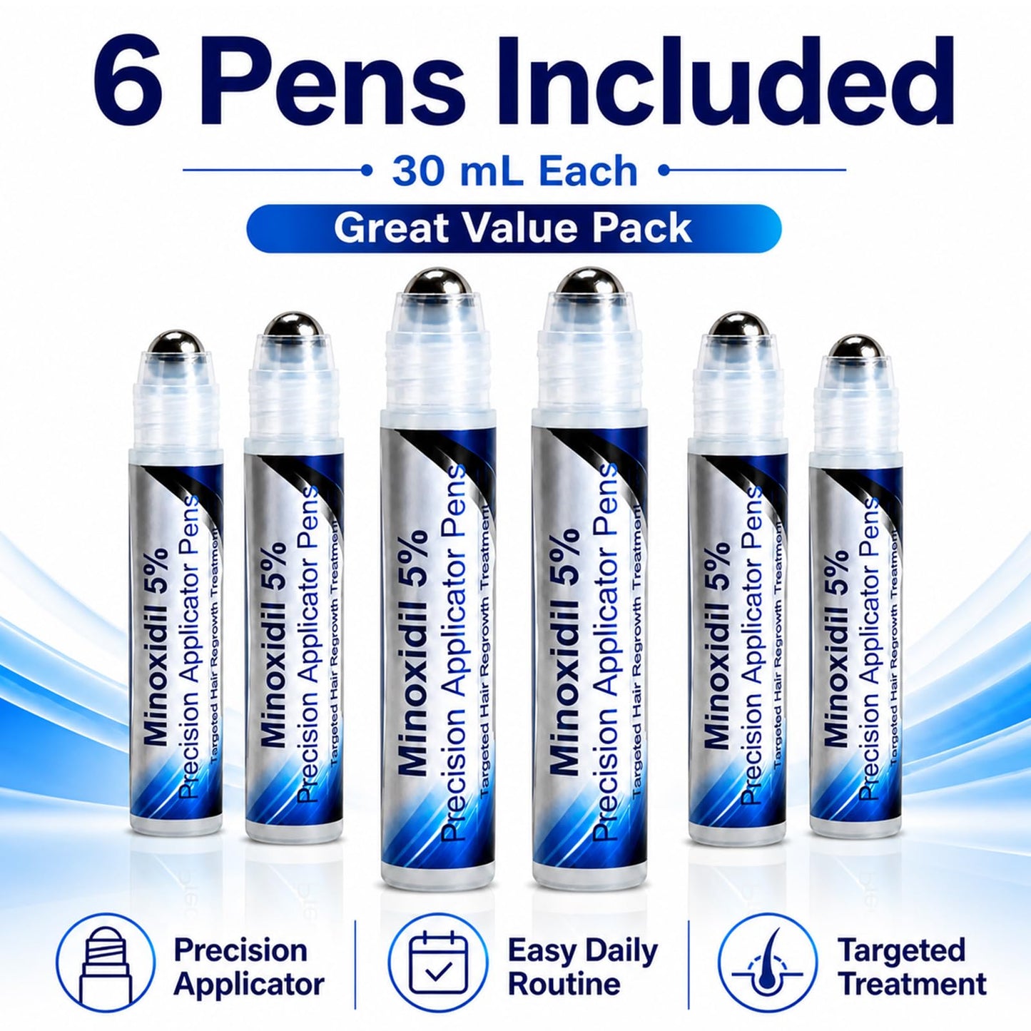 Minoxidil 5% Hair Growth Serum Roll On, Precision Applicator Pens for Men & Women, Topical Hair Regrowth Treatment, Targeted Scalp Application, Easy Dosage Control, 6 Pens x 30 mL