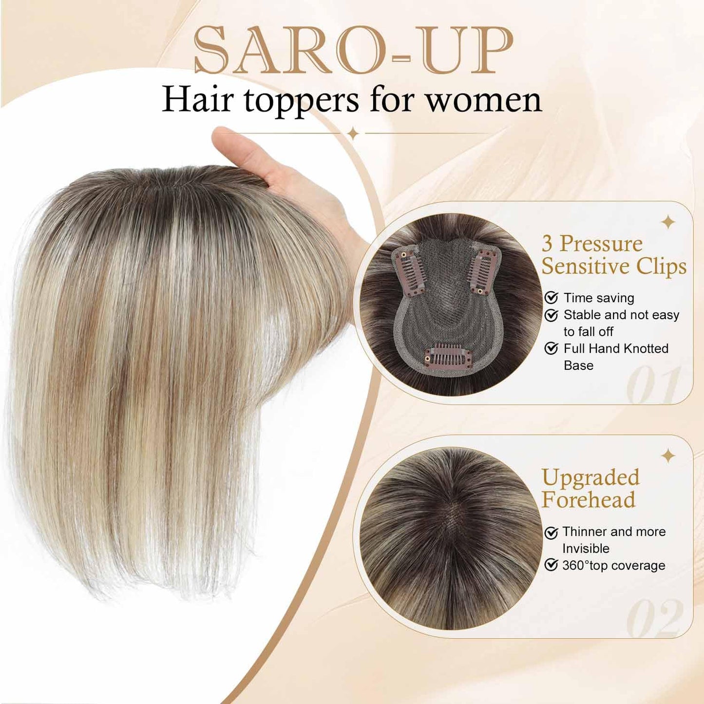 Human Hair Toppers for Women - Real Hair Pieces with Bangs | 360° Coverage, 10-Inch, 30g