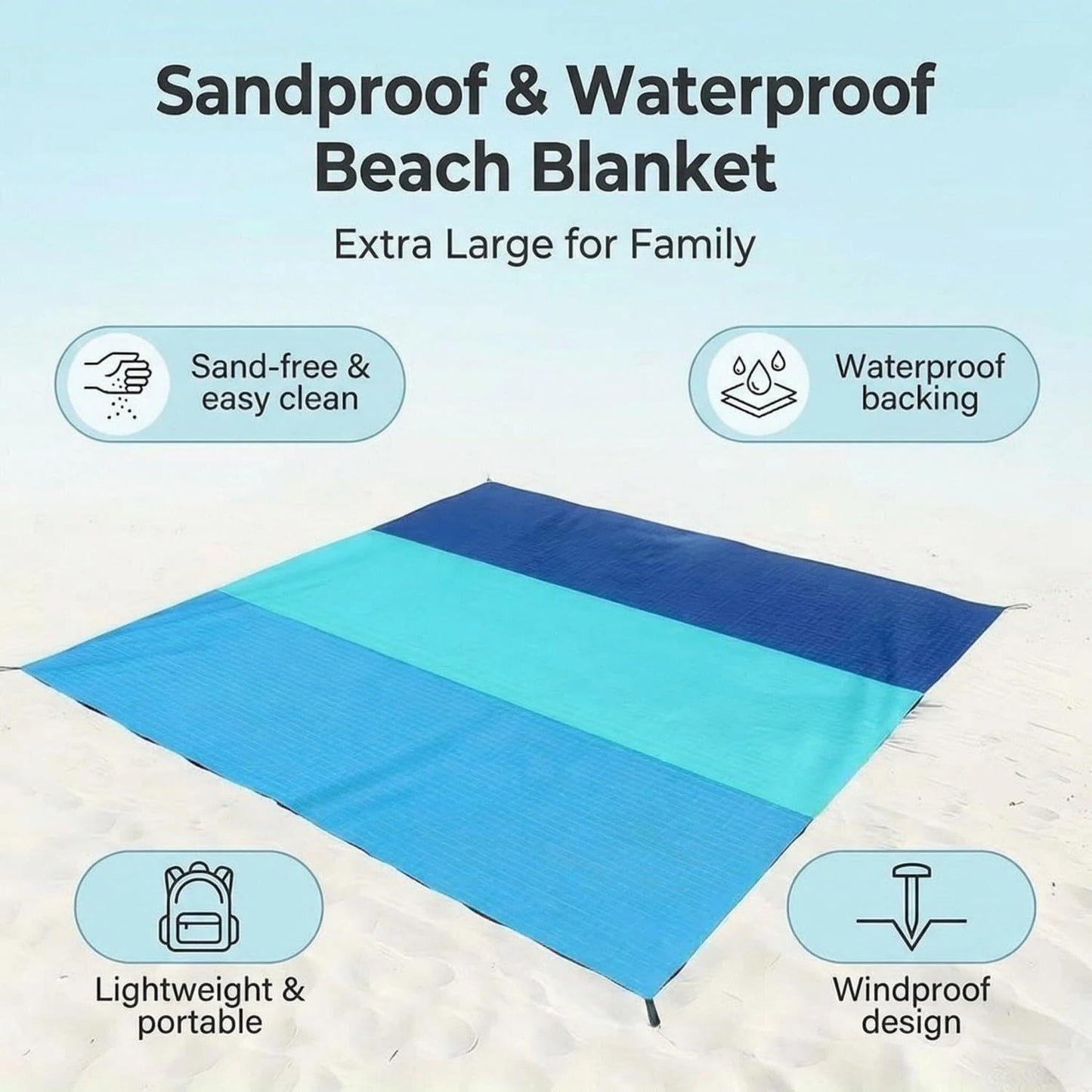 Beach Blanket Sandproof Oversized, 79''×83'' Extra Large Beach Mat, Portable Picnic Mat for Travel Camping Hiking, Lightweight Beach Essentials Family Water Resistant Mat Nylon 210T (Blue)