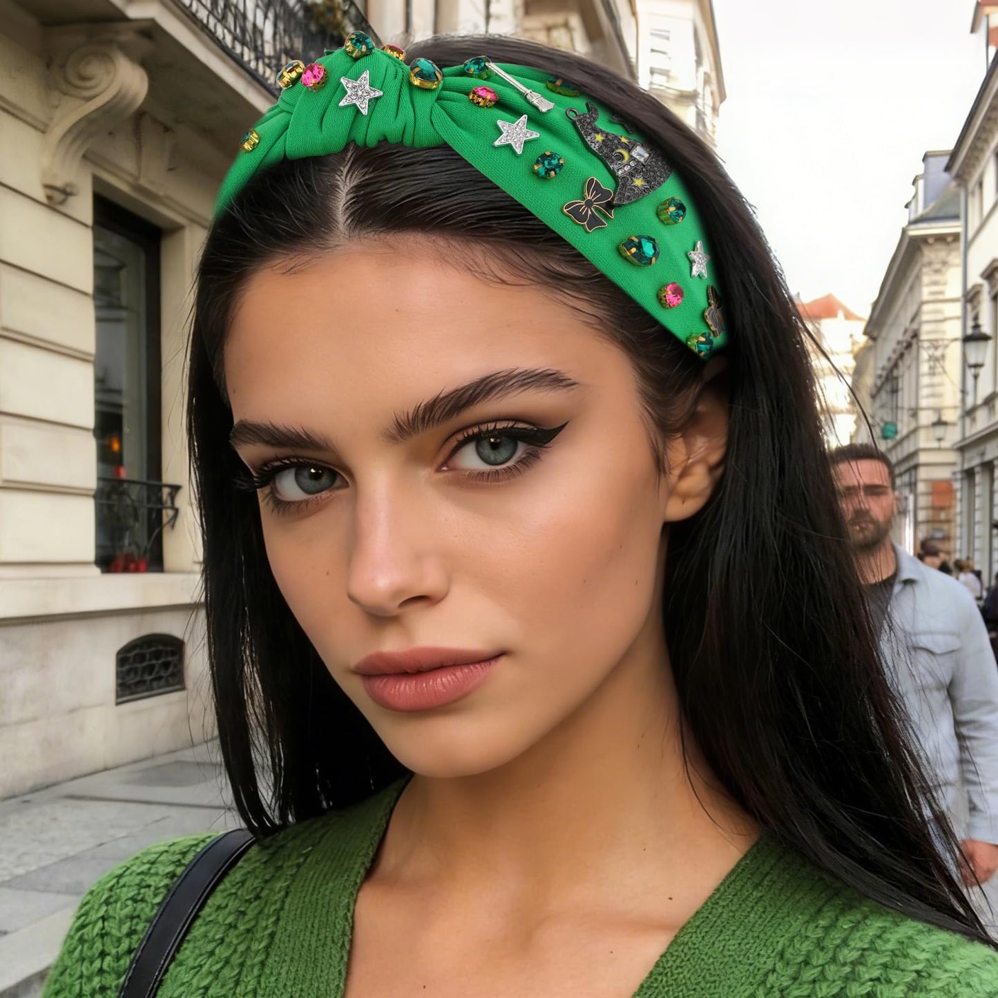 Amariver Wicked Headband for Women – Knotted Green Headband with Witch Charms & Rhinestones for Halloween & Everyday Glam