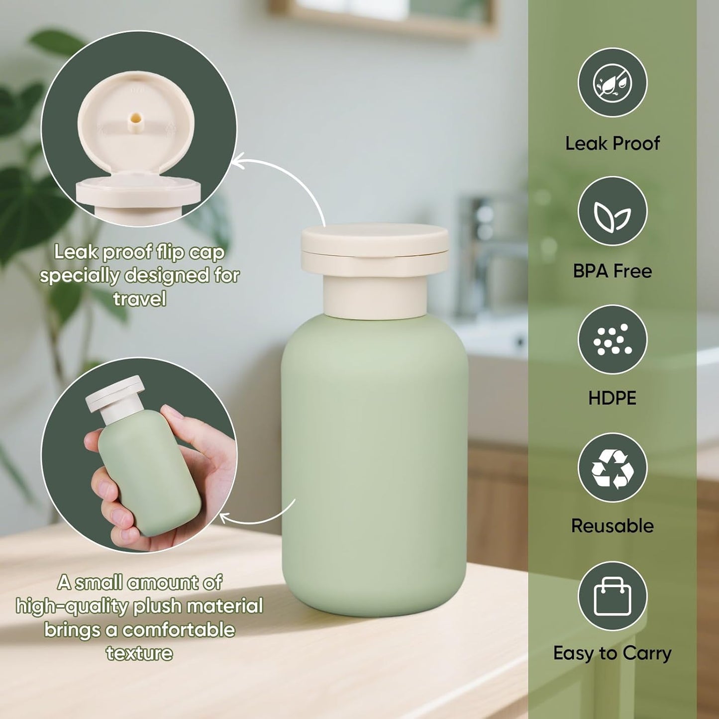 Demora Travel Size Bottles - TSA Approved Leak-Proof Squeeze Containers | Refillable Toiletry Set (Green, 4 Pcs)