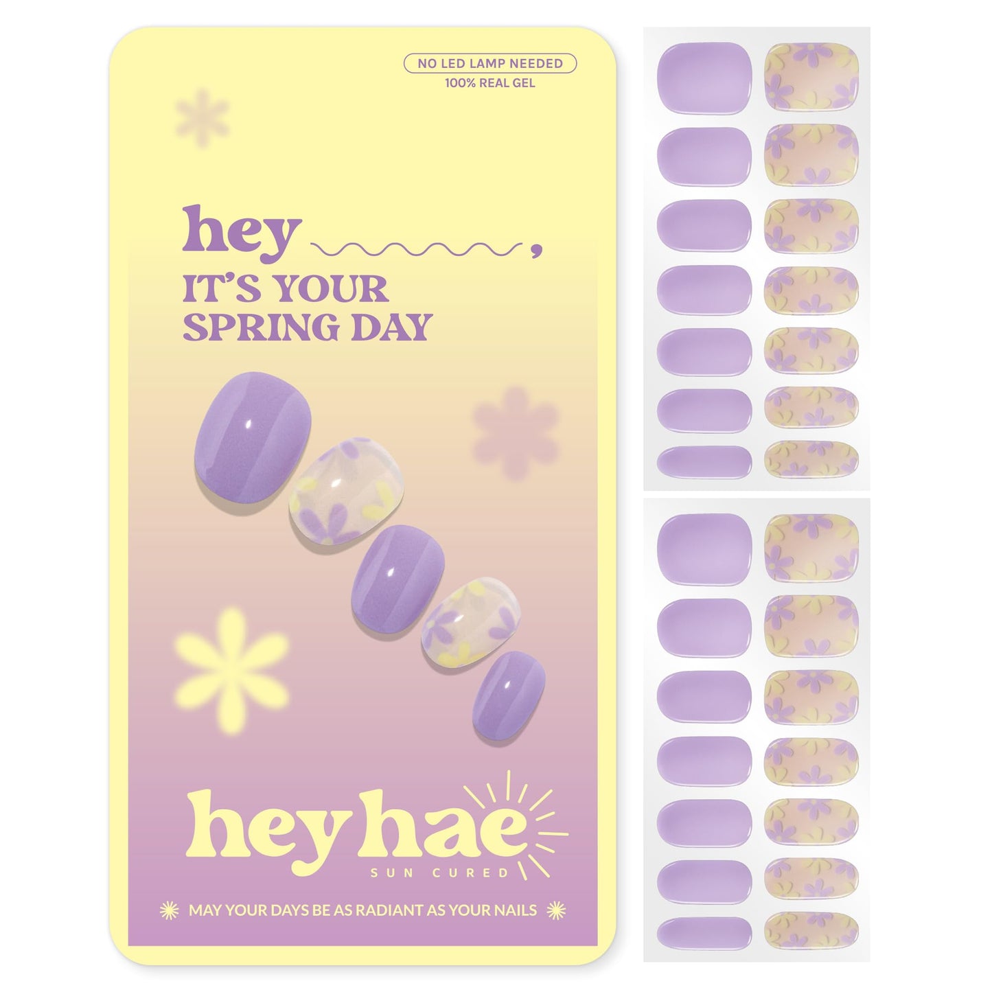 Heyhae Semi Cured Gel Nail Strips | No LED Lamp Needed | Purple, Floral | Easy Apply & Remove, Salon Quality | Includes 28 Strips, 2 Prep Pads, Nail File & Wooden Stick - Hey, It's Your Spring Day