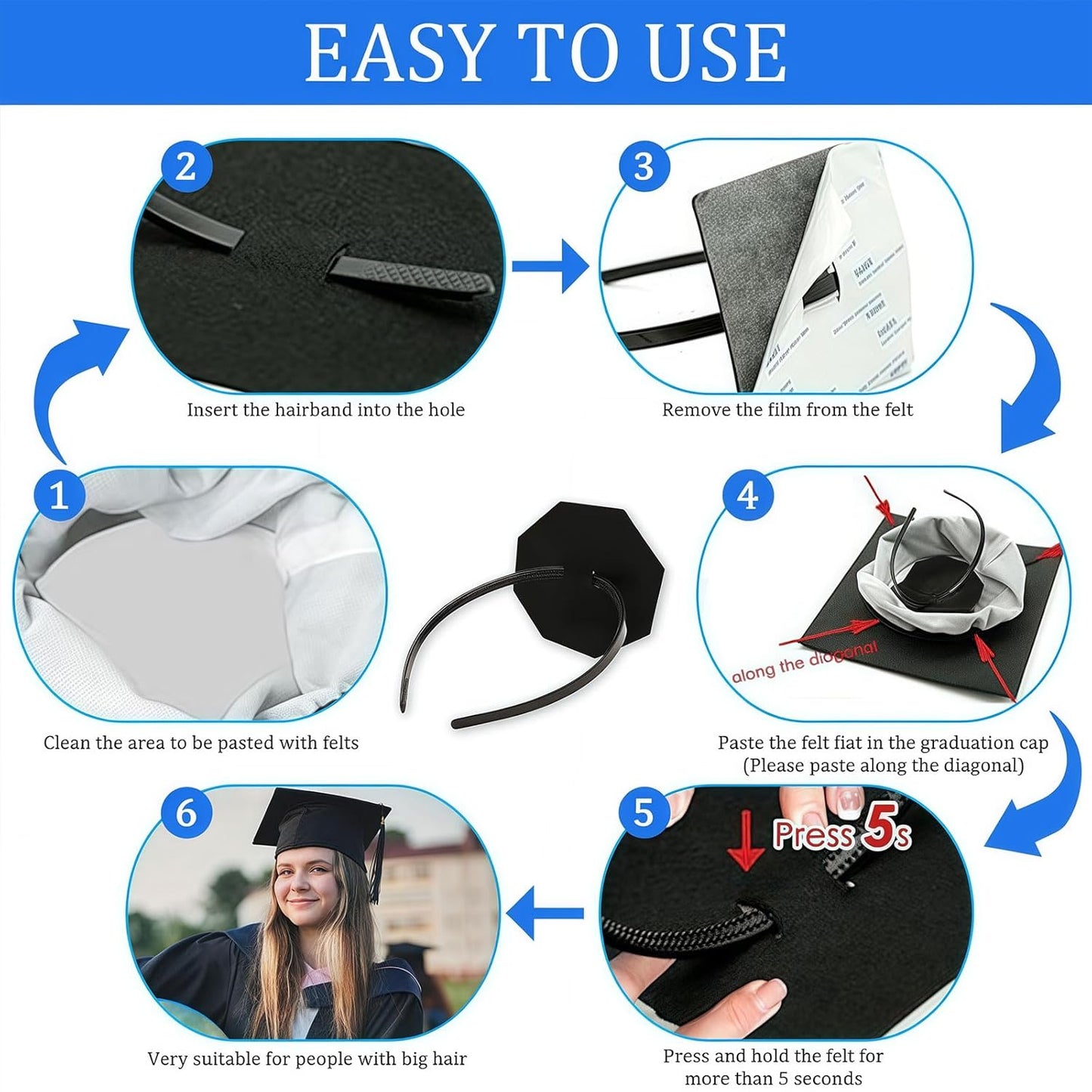 Graduation Cap Headband Insert - Secure Clip Holder for Grad Hats | Anti-Fall Hair Bands (2pcs)