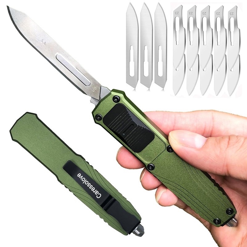 Caressolove EDC Retractable Scalpel Knife, Fast Open Automatic Utility Knife, Auto Box Cutter with 10PCS #23 and 3PCS 0.4mm thick #60 Scalpel Blades