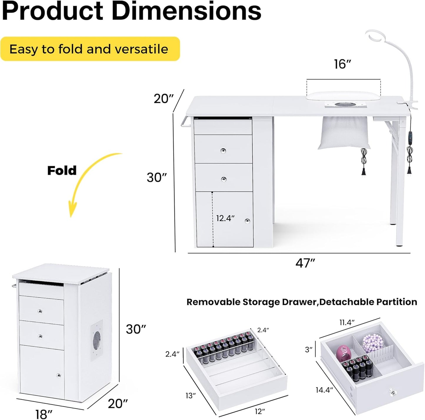 Foldable Nail Table - Manicure Desk with Dust Collector & LED Lamp | Compact Salon Workstation (White)