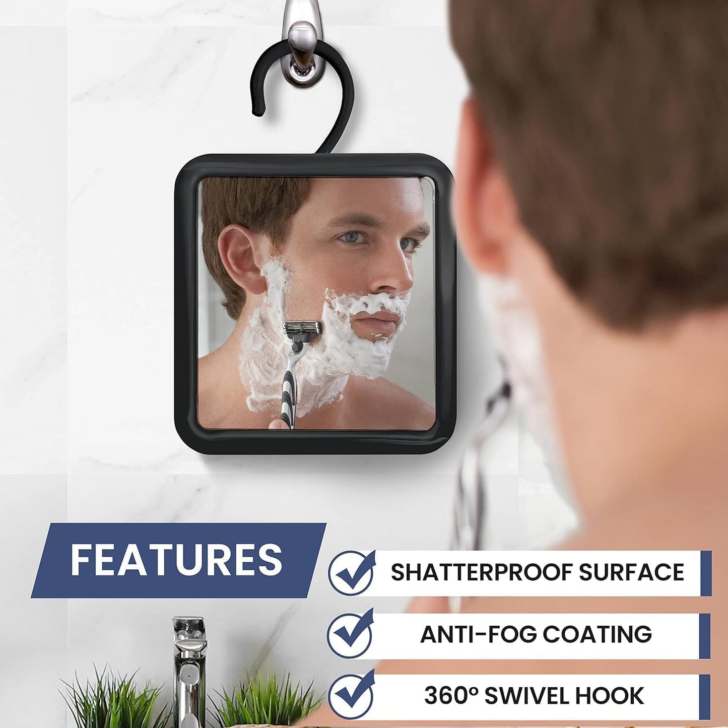 Hanging Fogless Shower Mirror for Shaving - 360° Rotatable, Anti-Fog, Shatterproof | 6.3" x 6.3" - Black