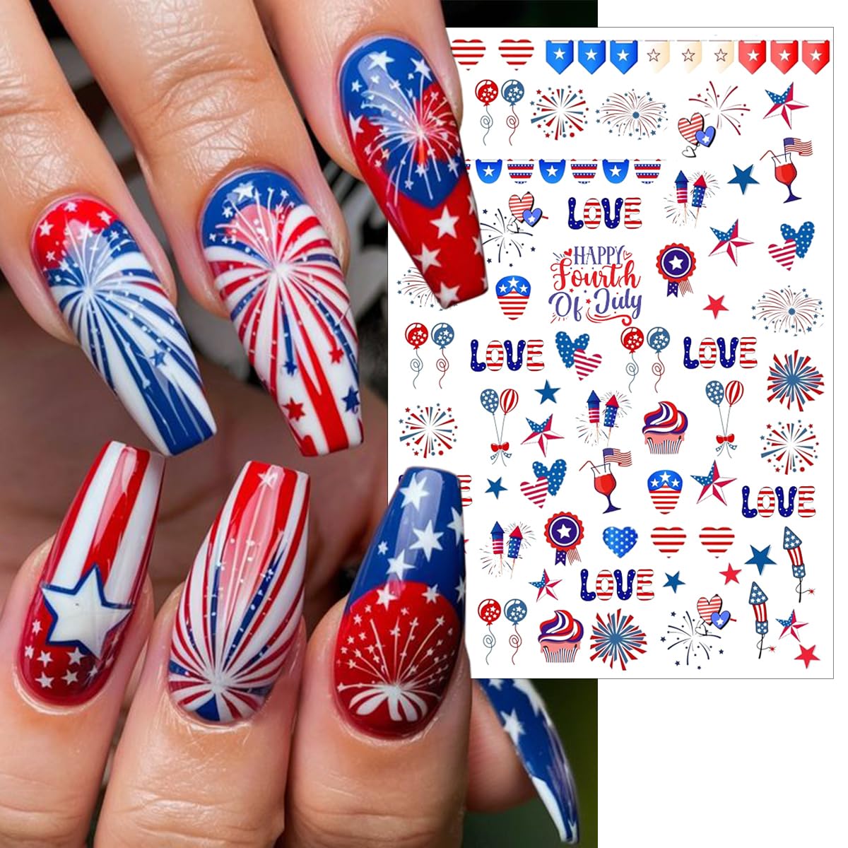 6 Sheets 4th of July Nail Stickers for Nail Art 3D Self Adhesive Independence Day Nail Art Stickers American Flag Stars Letters Fireworks Nail Decals Fourth of July Design Sticker for Women
