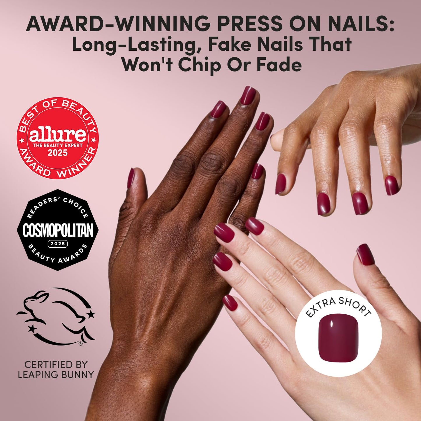 Glamnetic Press On Nails - Extra Short Fake Nails | Glossy Dark Maroon Press On Nails, Salon Quality Kit with Glue | Berry Baby - 30 Nail Set in 12 Sizes
