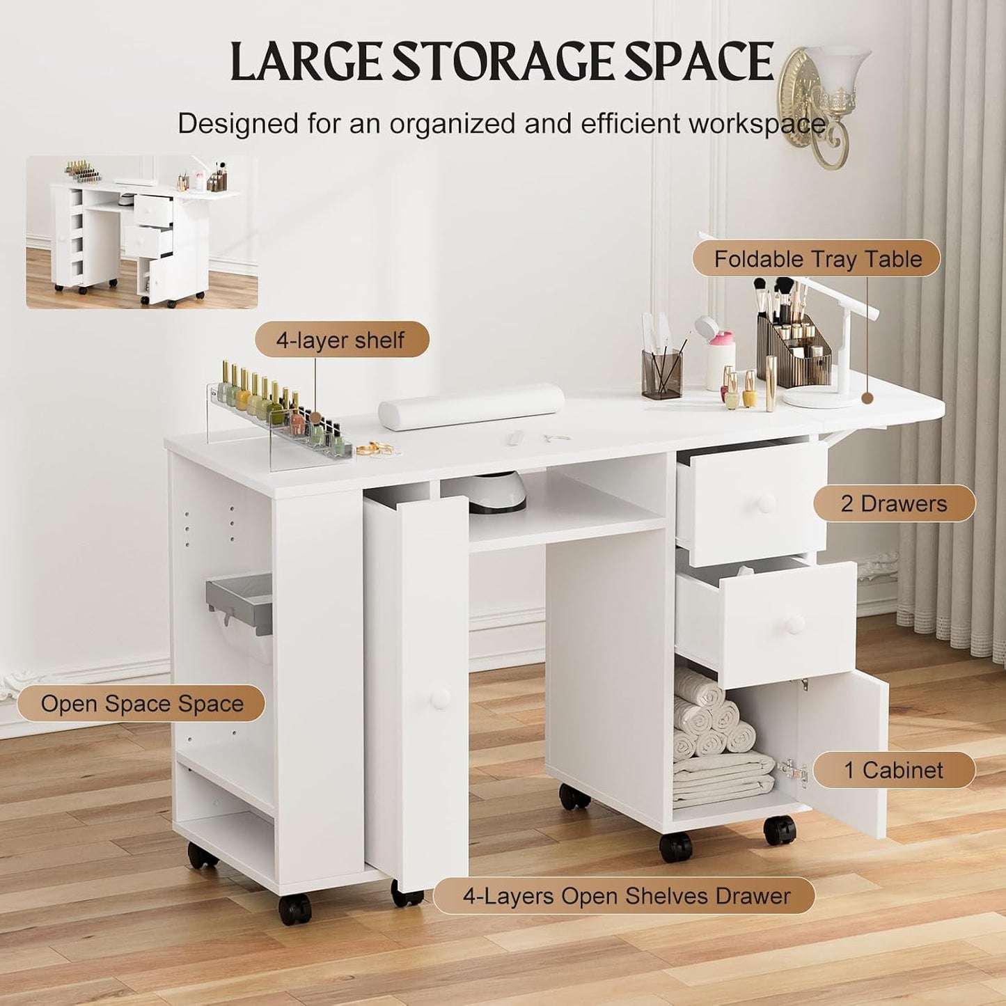 Manicure Table - Paddie Nail Desk with Extendable Surface, Trash Bag Holder & Lockable Wheels | White